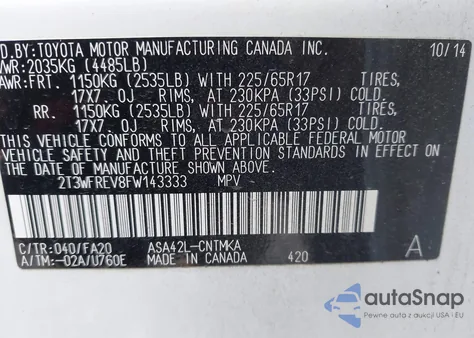 2015 Toyota Rav4 Xle from USA, damaged, VIN 2T3WFREV8FW143333